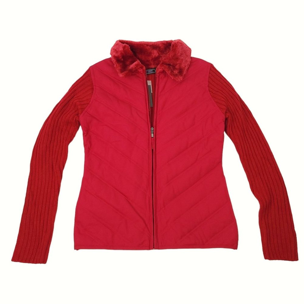 Creazioni Effeci Zip Quilted Sweater Jacket Womens M Red Faux Fur Collar NEW